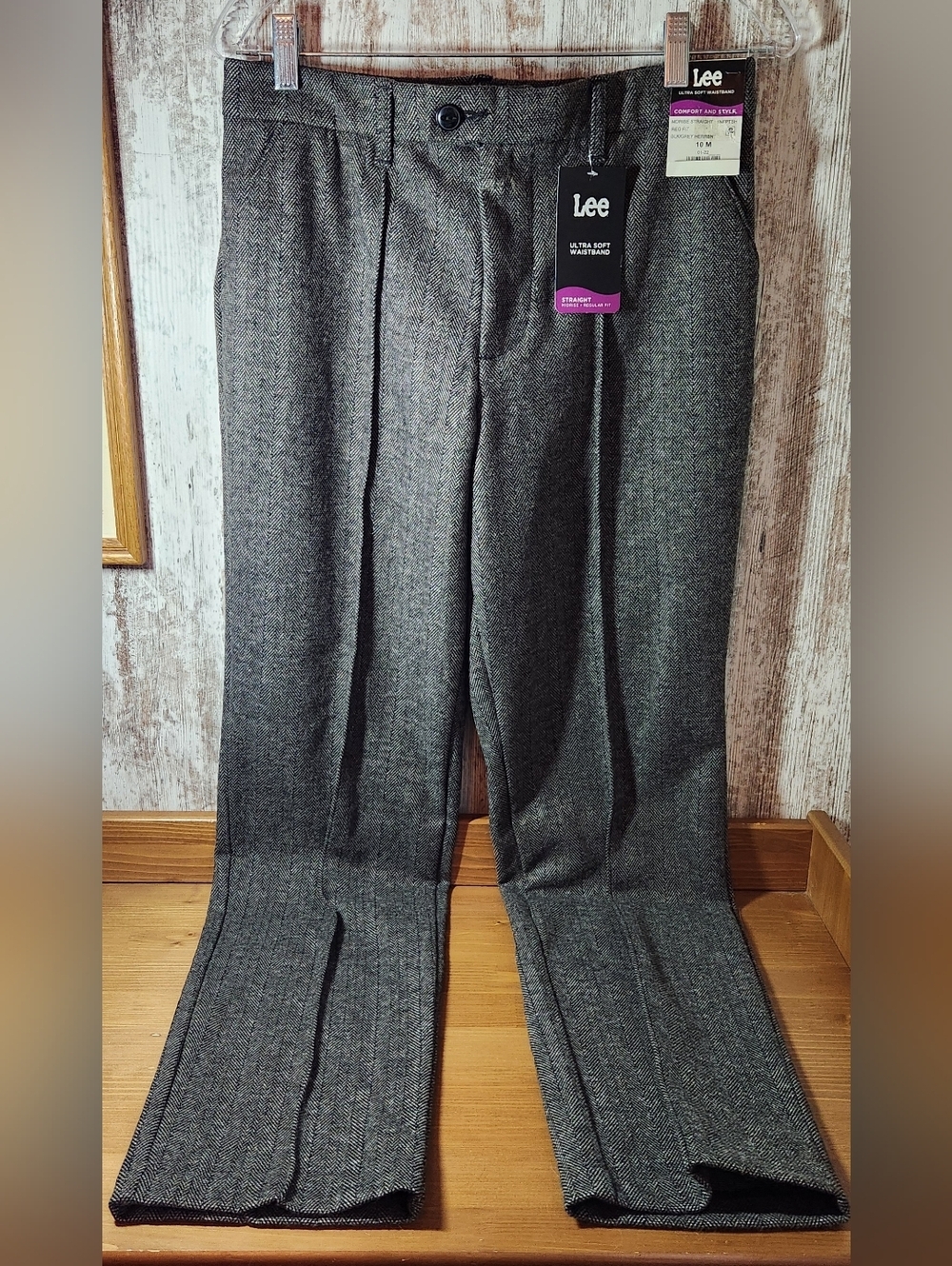 Lee Women's Gray Herringbone Straight Trousers Mid Rise Regular Fit Size 10